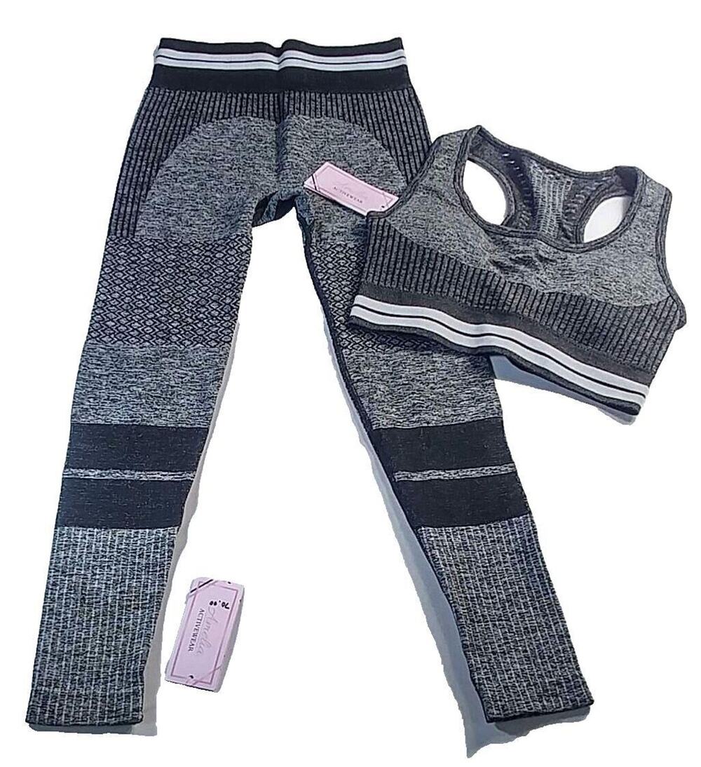 Amelia Seamless Activewear Set Leggings & Top Black & Grey Size XS NWT